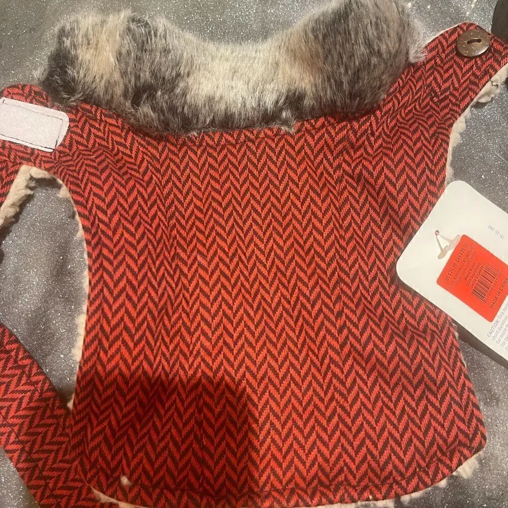 RED TWEED Harness Pet Jacket Vest w Faux Fur & Wooly Trim!